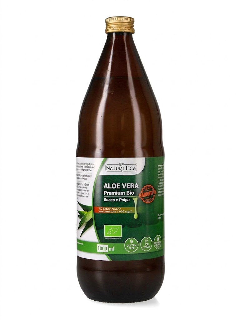 Aloe Vera Premium Bio Succo e Polpa in Bottiglia di Vetro 1 litro